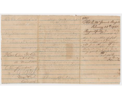 HENRY HETH, SAMUEL MCGOWAN, JAMES H. LANE AND WALTER TAYLOR Fine gathering of four war-date endorsements on a single 8.75 x 5
