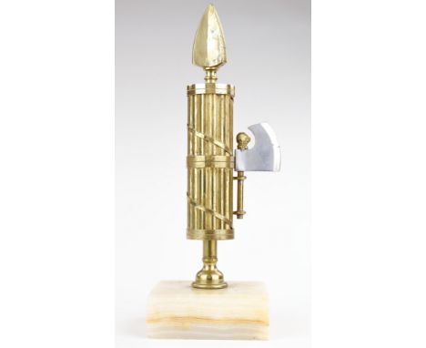 ITALIAN BRASS FASCES DESK ORNAMENT Fine brass and steel Italian desk ornament, a nicely crafted depiction of fasces, a bundle