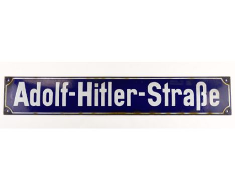 ‘ADOLF HITLER STRASSE’ STREET SIGN Third Reich-era enameled blue convex metal street sign, 35 x 6 in., bearing the name ‘Adol
