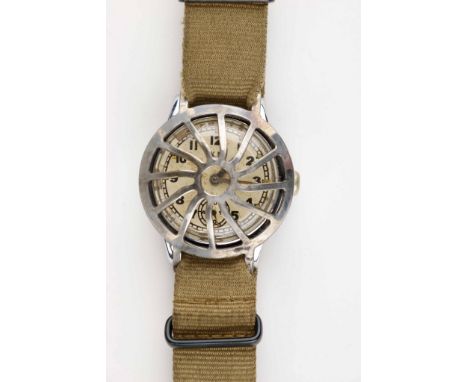 Kriegsmarine-issue wristwatch. A manually wound movement wristwatch, with tan web and black buckle strap. Watch displays the 