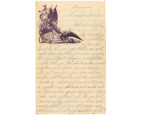 DIGGING UP BODIES TO FIND A MISSING SOLDIER Union soldier's letter, 4pp. 8vo. in pencil on patriotic letterhead, 'Camp Morehe