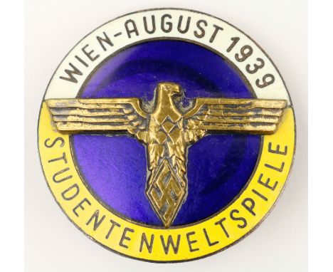 1939 VIENNA INTERNATIONAL UNIVERSITY GAMES BADGE German NSDStB Studentweltspiele-Wien 1939 (International University Games) e