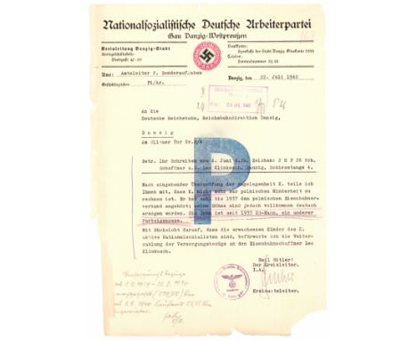 DETERMINING 'GERMANS' IN DANZIG Good content T.L.S. on NSDAP letterhead, 1p. 4to., Danzig, July 22, 1940, to the Deutsche Rei