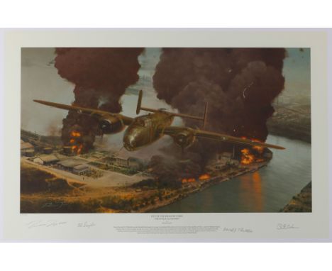 Limited edition print, 29 x 20.5 in., signed by four of the Doolittle Raiders: EVERETT W. HOLSTROM, J. ROYDEN STORK, HOWARD A