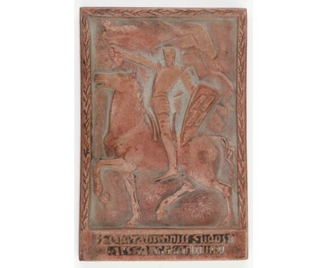 SS SERVICE RECOGNITION PLAQUE Painted stoneware plaque, 4 1/8 x 6 1/4 x 3/4 in., shows a mounted, armored cavalryman with a N