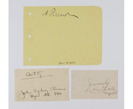 FAMOUS AVIATORS Balance of a collection, signatures of three famous aviators including: AUGUSTE PICCARD (1884-1962), Swiss ph