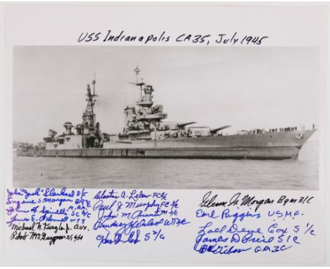 U.S.S. INDIANAPOLIS SURVIVORS Fine signed photograph, 10 x 8 in. b/w, showing the ill-fated USS INDIANAPOLIS in a side view. 