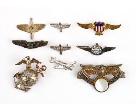 AVIATION, MARINES, AND OTHER PINS Lot of nine pins, World War II-era, including a rhinestone-encrusted Marines pin, a Pearl H