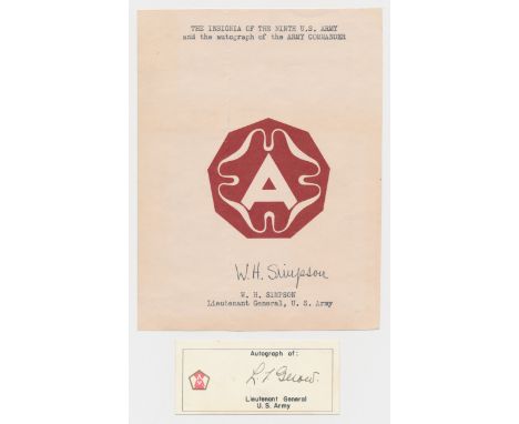 Lot of three signed items, includes: WILLIAM H. SIMPSON (1888-1980) Commander of the ninth army, insignia of the ninth army o