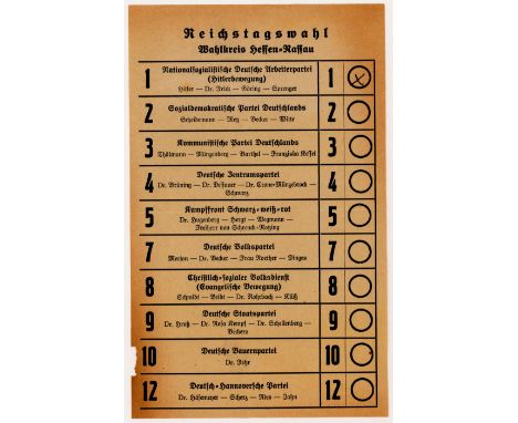 Reichstag election ballot, 5.5 x 9 in., from the constituency of Hessen-Nassau, with the option of the NSDAP in the first slo