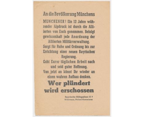 Excellent and excessively rare post-World War I leaflet, 6 x 9 in., ca. 1919, thrown from police vehicles and horses by the M