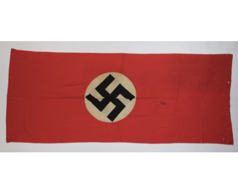 Nazi party flag, 75 x 31 in., double-sided cotton construction bearing a black dyed swastika on a white disc, then sewn on a 