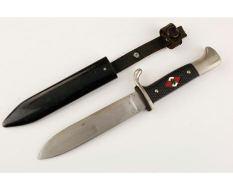 HITLER YOUTH KNIFE Single-edged Hitler Youth knife, 5 1/in blade, 9 1/2 in. overall, with black bakelite grips with an inlaid