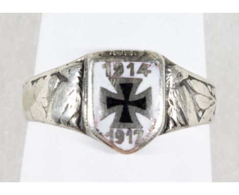 IRON CROSS RING A fine German enameled iron ring, bears a silver, white, and black enameled Iron Cross at the front with the 