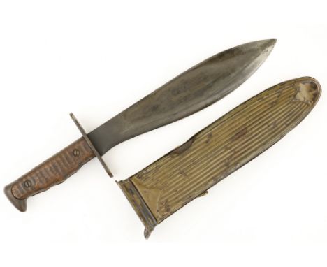 US Model 1917 Bolo Knife with Metal Scabbard, carved wood grip, the ricasso stamped 'U.S. MOD. 1917' and 'PLUMB PHILA 1918' S