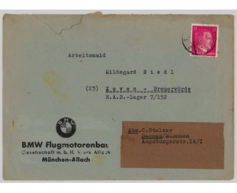 B.M.W. EMPLOYEE'S LETTER FROM DACHAU Intriguing letter from an individual associated with B.M.W., sent to a woman at a R.A.D.