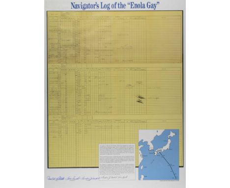 Excellent signed color poster headed 'Navigator's Log of the 'Enola Gay', 18 in. x 24 in., a reprint of the three-page naviga