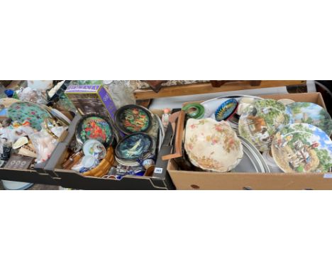 THREE BOXES INCLUDING DECORATIVE WEDGWOOD PLATES, LEONARDO FIGURE, EASTERN DESIGN BRADEX PLATES, TREEN BOWLS, GLASS PAPERWEIG