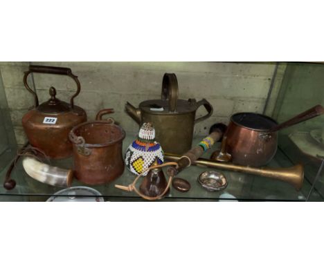 COPPER KETTLE, HORN POWDER FLASK, BEADED GORDE AND OTHER METALWARES