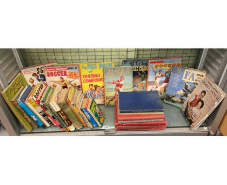 SHELF OF HARDBACK BOOKS FROM 1940S, 50S AND 60S RELATING TO FOOTBALL INCLUDING CHARLES BUCHAN'S SOCCER GIFTBOOK, THE FA BOOK 