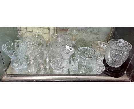COMPLETE SHELF OF CUT GLASSWARES INCLUDING BISCUIT BARREL, ROSEBOWL, FRUIT BOWLS, ETC