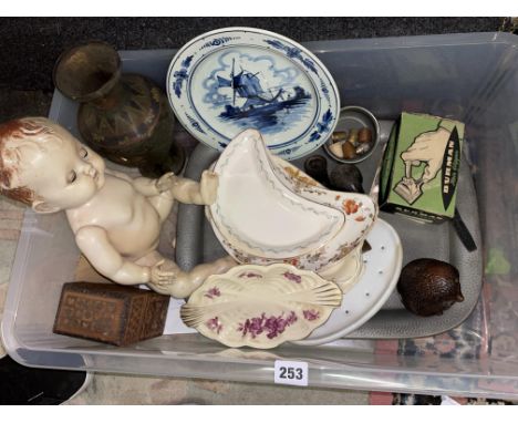 BOX CONTAINING PEWTER TRAY, PLAYING CARD BOX, DOLL, THIMBLES, DELFT PLATE, ETC