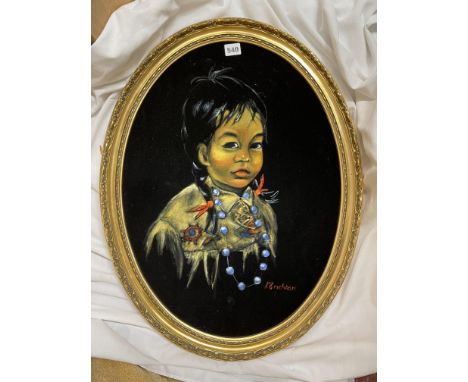 K. CRICHTON OILS ON VELOUR OF A NATIVE RED INDIAN CHILD PORTRAIT IN OVAL FRAME