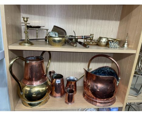 COPPER COAL HELMET, VARIOUS COPPER MEASURES, SHELF OF BRASSWARE AND FIRE TOOLS