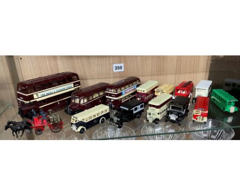 SHELF OF DIECAST MODEL CORGI DOUBLE DECKER BUSES, COACHES AND AN AMBULANCE