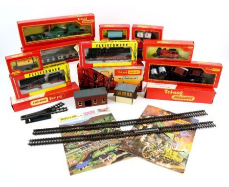 Fleischmann 1324 locomotive, and 1309 locomotive and tender, (boxed), and various Tri-Ang Hornby locomotives, carriages, roll