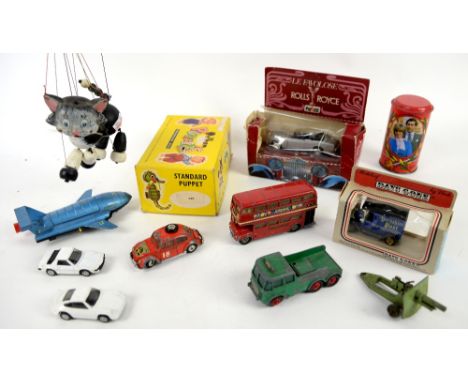 A Pelham Puppet Cat, boxed, together with a collection of boxed and unboxed die-cast vehicles including Dinky Toys Thunderbir