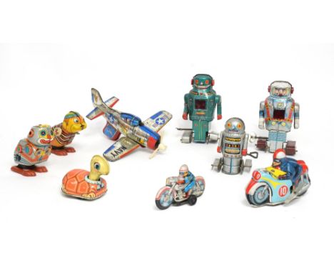 Yone Japan Tin Tinplate Hopping Robot No 2097 and Hopping Monkey No 2033, Tortoise No 96701, Racing motor bike No 2138, Noguc