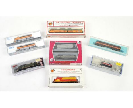 Eight Atlas/ Bachmann/ E-R Models/ Kato 'N' scale locomotives, comprising 'The Centennial' DD40X Loco', EMD F3A and F3B, Cana