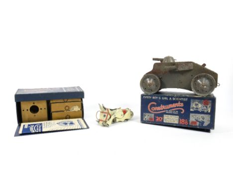Tri-ang Lines Bros tinplate and clockwork Tiger Tank, in played with condition (lacks tracks),two Construments, boxed sets, c