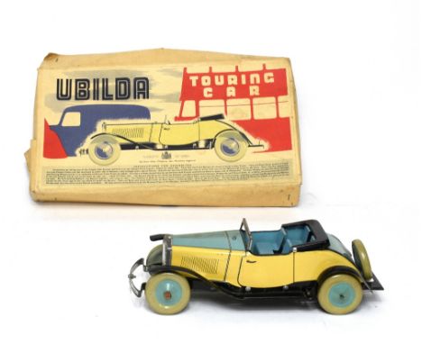 Chad Valley tinplate Ubilda Touring Car, constructed, in cream, blue and black with clockwork drive, in original box.    