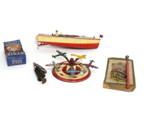 Vintage Russian clockwork tinplate speedboat 31cm, tinplate bomber carousel, fire chief bicycle siren, disk top with box, chi