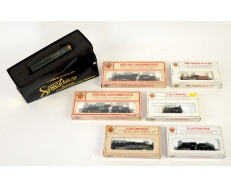 Eight Bachmann/ Spectrum 'N' scale locomotives, comprising American 4-4-0 Union Pacific, 0-4-0 Santa Fe, Dock Sider 0-4-0 San