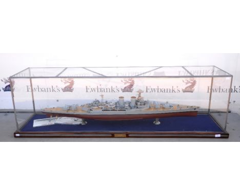 Atlas Editions large scale model of HMS Hood in bespoke display case with engraved plaque, the ship 36cm (h) x 140cm (l)..   