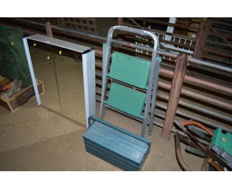 A cantilever tools box and contents together with a small set of steps 