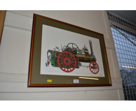 A framed print depicting a steam engine  