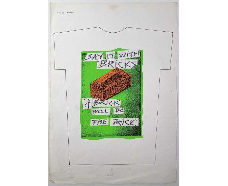 A page (29.5x42cm) with t-shirt outline and pasted colour print to comprise a t-shirt design by Jamie Reid, intended for prod
