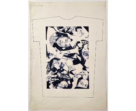 A page (29.5x42cm) with t-shirt outline and pasted print to comprise a t-shirt design by Jamie Reid, intended for production 