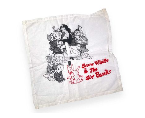 A cotton handkerchief (40x40cm) printed with a classic McLaren / Westwood design 'Snow White &amp; The Sir Punks'. Printed of