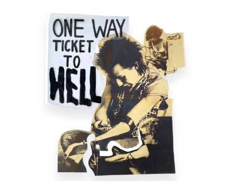 A collage of three celluloid sheets, one with handwritten text 'ONE WAY TICKET TO HELL', used in the creation / printing of a