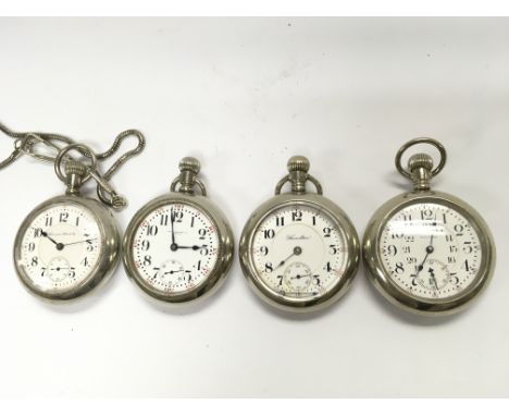 A collection of four silverode assorted button wind pocket watches. All wind and run and approximately 55mm case diameter.