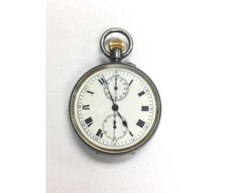 A silver pocket watch with skeleton movements and Chronograph face. Shipping category A.
