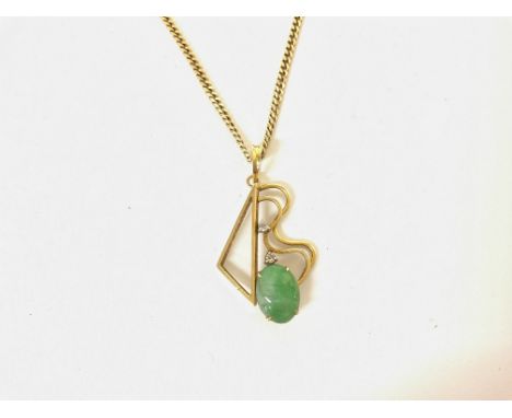 A 14ct gold chain with a gold pendant set with jade and two small diamonds. 6.78g and 50cm long. Postage A