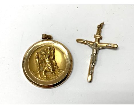 2 9ct gold pendants, 1 St Christopher, 1 Crucifix. 7.7g (A)