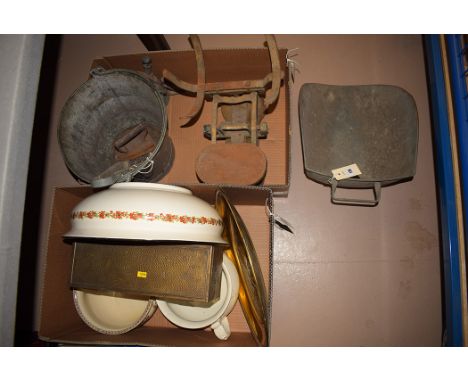 Two early 20th Century chamber pots, one in the clematis pattern, by GTM; W & T Avery Ltd. grocery scales; an aluminium bucke