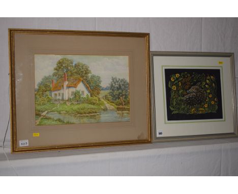 A watercolour, by A. E. Fish - rural lake scene with thatched cottage, signed; together with a pen drawing, by Madge Pyle - a